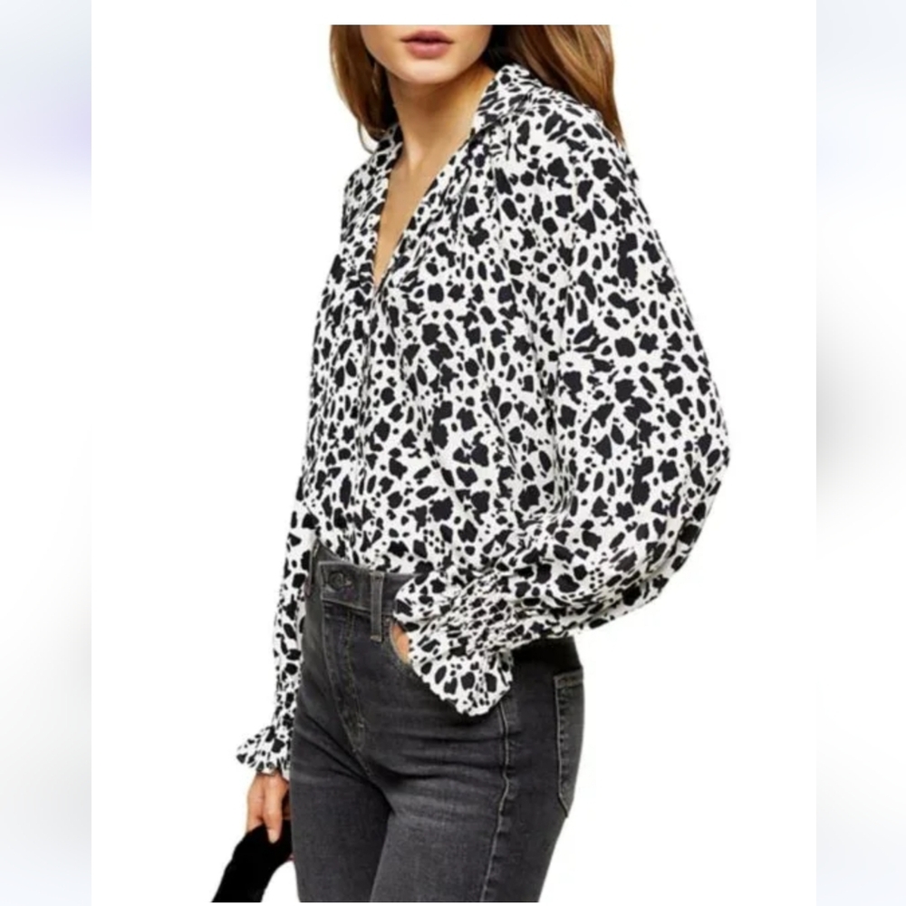 TOPSHOP 80s oversized Monochrome Animal Print Dalmatian Shirt puff sleeves US4